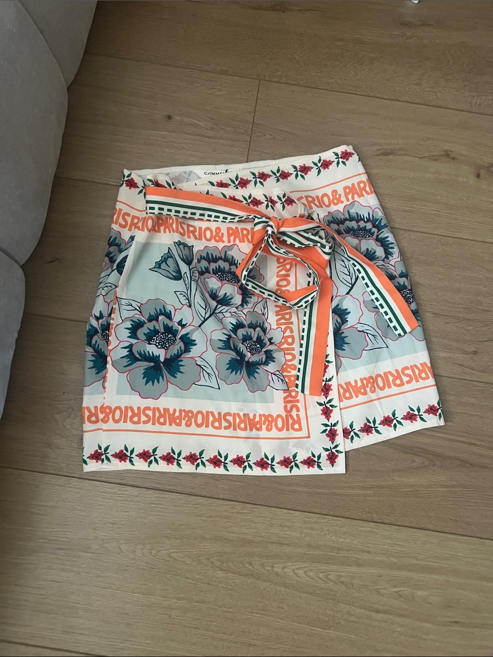 Commense Floral Wrap Skirt in Cream, Teal & Orange